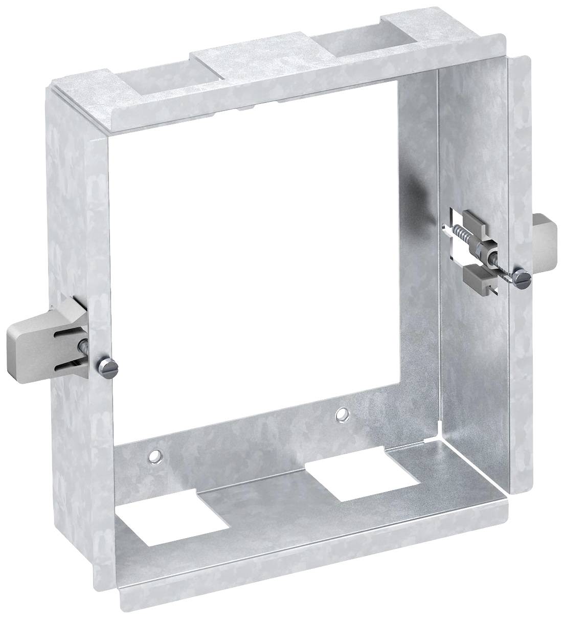 Cadre de montage métallique pour installations électriques avec découpe rectangulaire centrale, fixations latérales.