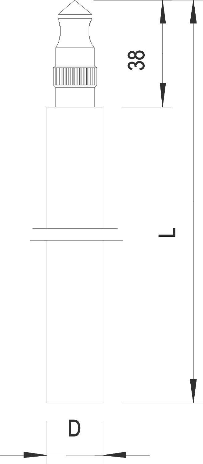 Dessin technique d'un objet cylindrique avec une pointe au sommet, dimensions marquées : hauteur '38', largeur 'D', longueur 'L'.