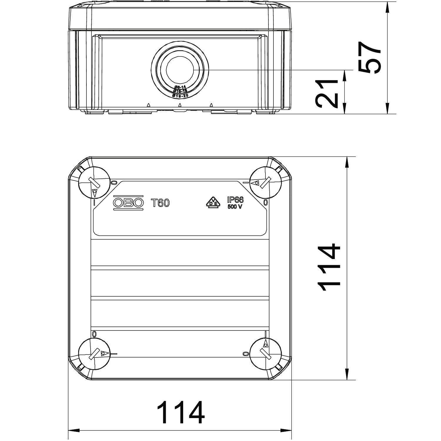 Dessin technique d'une boîte de jonction carrée avec les dimensions 114 mm x 114 mm x 57 mm, degré de protection IP66, tension 500 V.