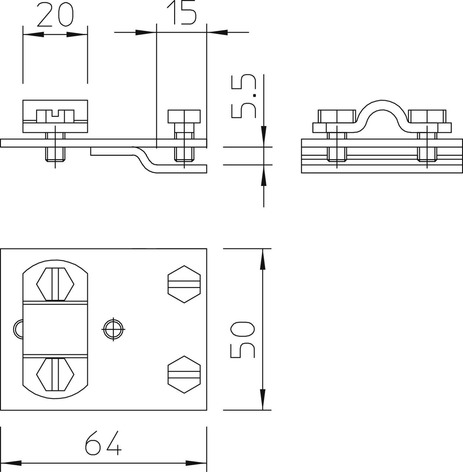 Dessin technique d'un support de montage avec dimensions : Largeur 64 mm, Hauteur 50 mm, Distance entre les trous de vis 20 mm et 15 mm, Épaisseur 5,5 mm.