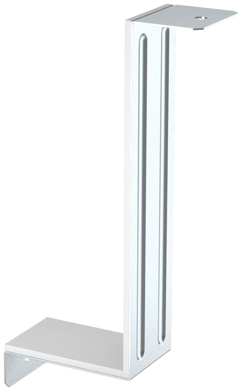 Équerre métallique au design en L, rainures verticales de renforcement, plaque supérieure et inférieure pour fixation.