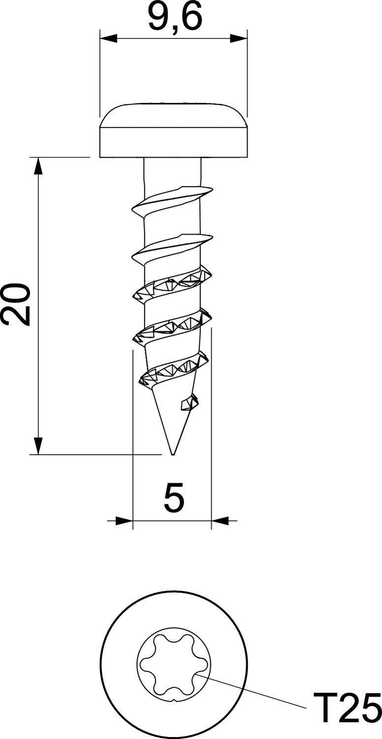 'Dessin d'une vis avec une tête de 9,6 mm de diamètre, 20 mm de long, entraînement T25 et un diamètre de filetage de 5 mm.'