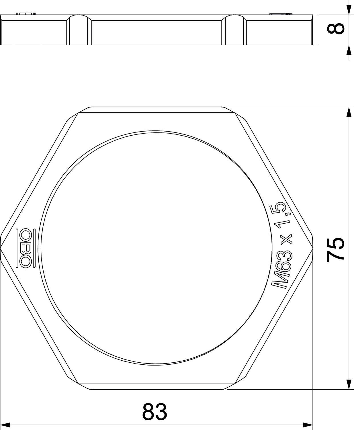 Dessin de capuchon de borne avec design hexagonal. Perspectives latérale et supérieure avec dimensions : 83 mm de largeur, 75 mm de hauteur, 8 mm d'épaisseur. Marquage « OBO M63 x 1,5 ».