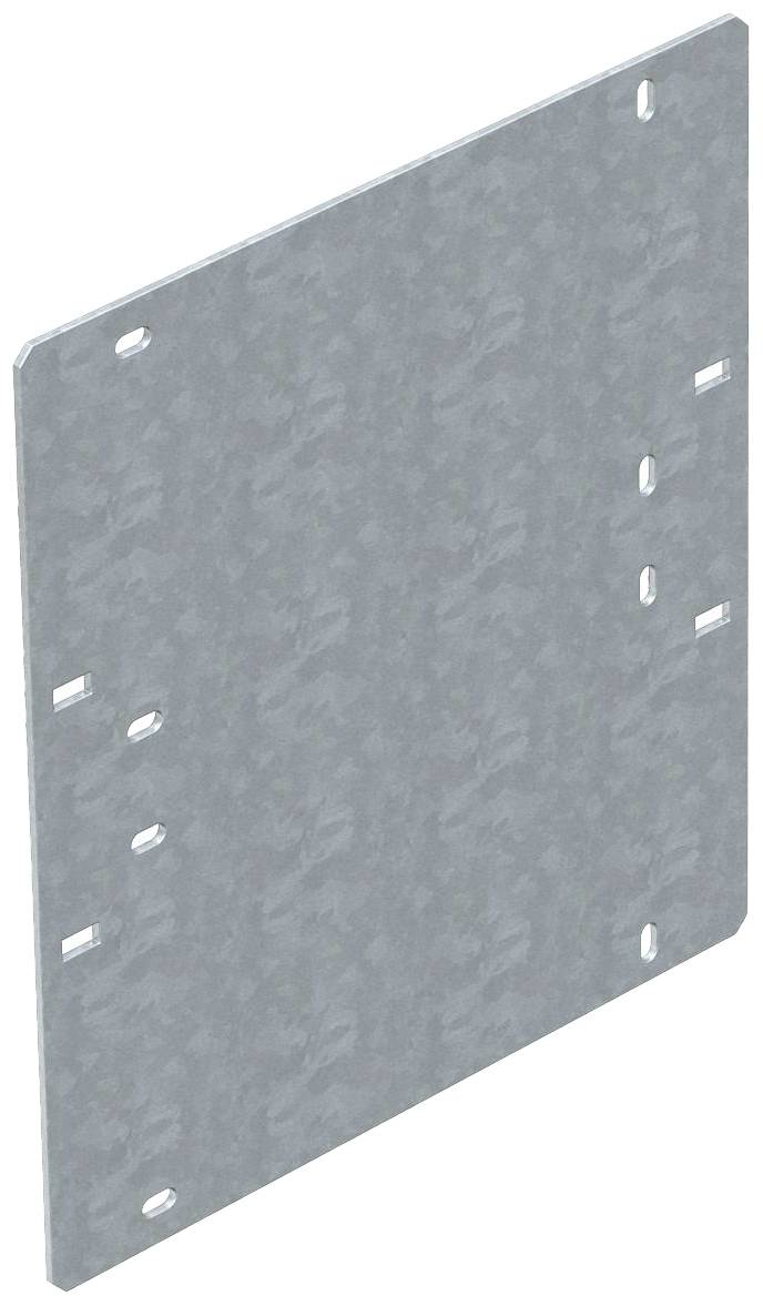 Une plaque métallique rectangulaire grise avec plusieurs petits trous ; utilisée comme élément de connexion ou de fixation dans des constructions.