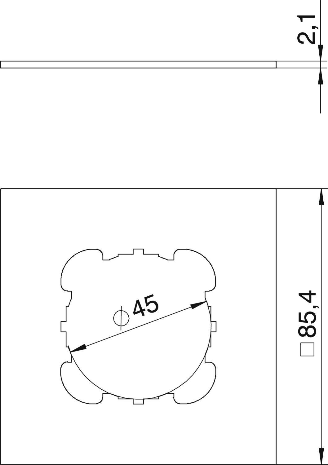 Dessin technique d'un composant carré avec dimensions : largeur 2,1 et hauteur 85,4. Cercle de diamètre 45 au centre.