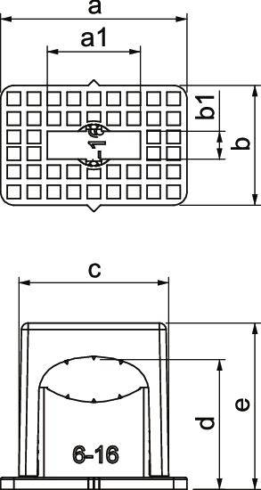 Dessin technique d'un composant avec les dimensions a1, b1, c, d et e. Forme rectangulaire en haut, vue avec un trou d'ancrage en bas.