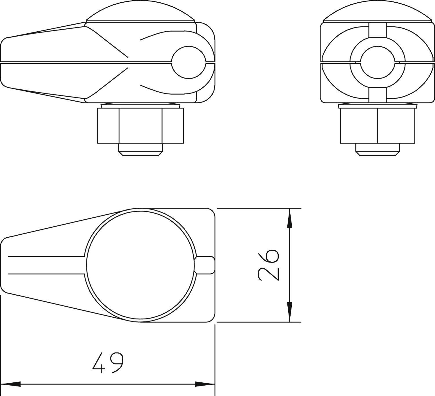 Dessin technique d'un composant avec trois vues : vue latérale, vue de face et vue de dessus. Dimensions : 49 mm et 26 mm.