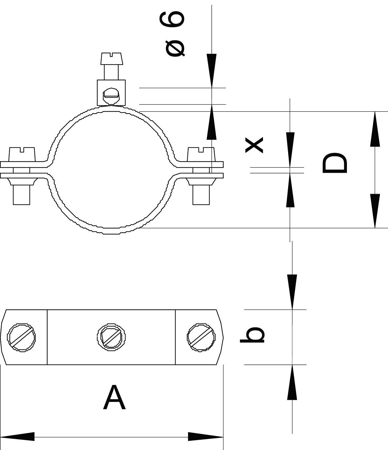 Dessin technique d'un collier de serrage avec dimensions : Diamètre Ø6, distance x, hauteur b. Vis et écrous marqués.