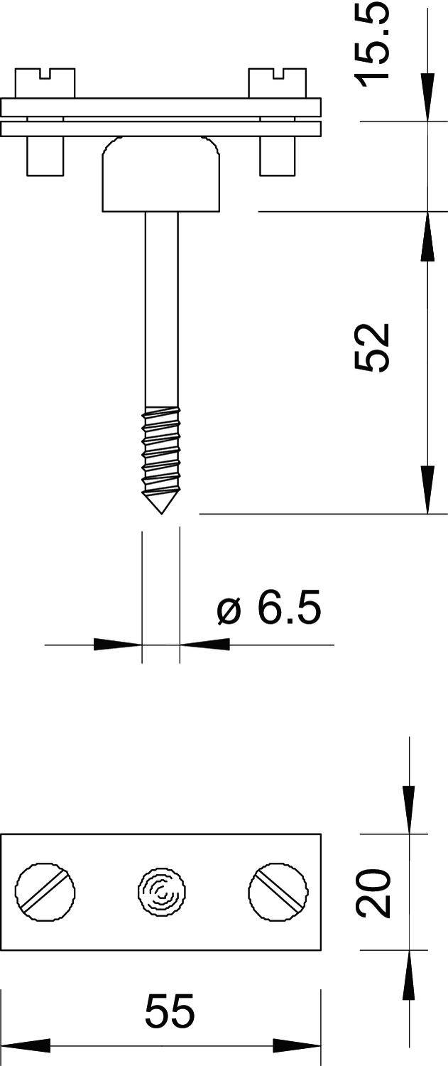 Dessin technique d'une vis avec dimensions : longueur totale 52 mm, diamètre 6,5 mm. Largeur de la plaque 55 mm, hauteur 15,5 mm.