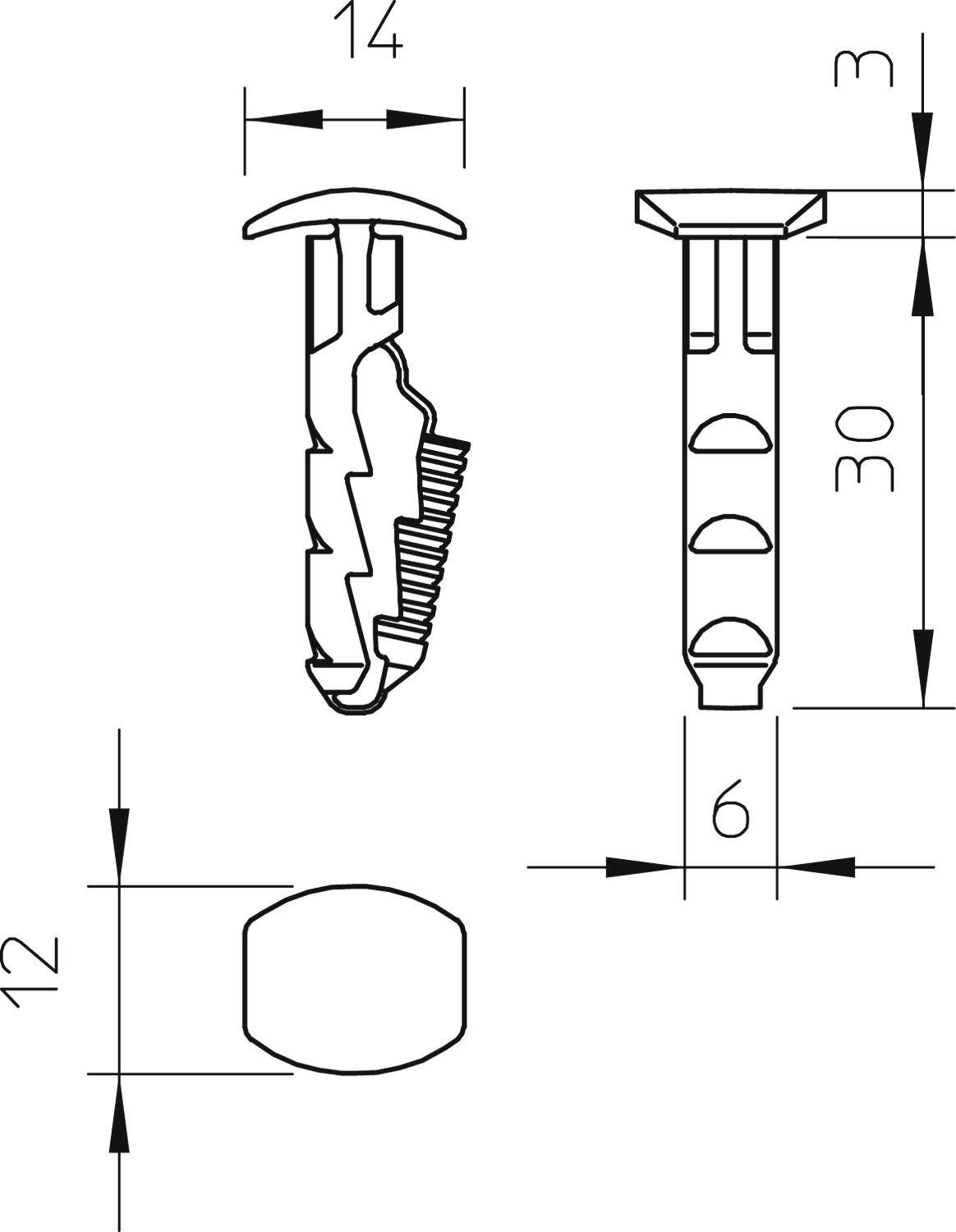 Dessin technique d'un modèle de cheville avec dimensions : en haut 14 mm, en bas 12 mm, longueur 30 mm, diamètre 6 mm. Vue détaillée de la structure.