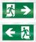 Deux panneaux de sortie de secours verts : en haut, une flèche pointe vers la droite, en bas vers la gauche. Les deux montrent des personnes en train de courir à travers une porte.
