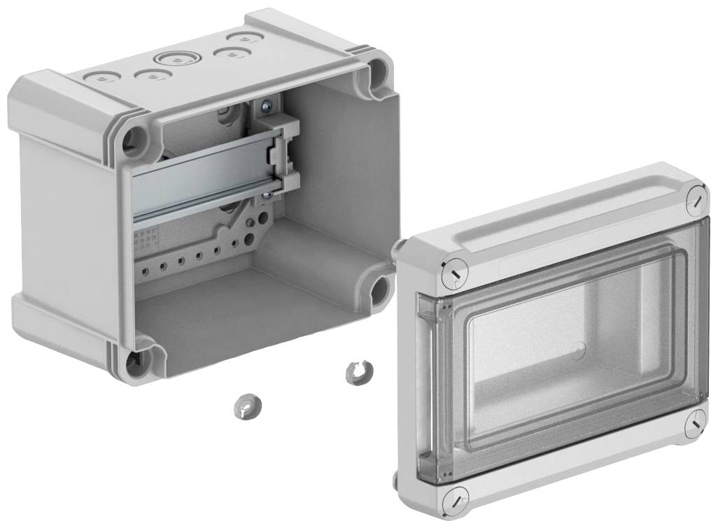 Un boîtier rectangulaire gris en plastique avec un couvercle transparent amovible. Adapté pour les composants électroniques.