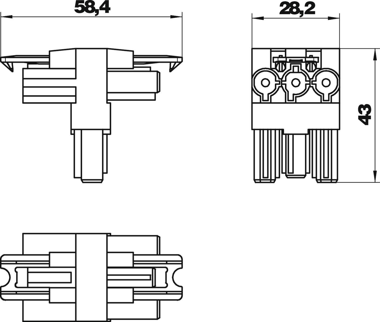 Dessin technique d'un connecteur avec les dimensions suivantes : largeur 58,4 mm, hauteur 43 mm, profondeur 28,2 mm, présentant les vues de face, de côté et de dessus.