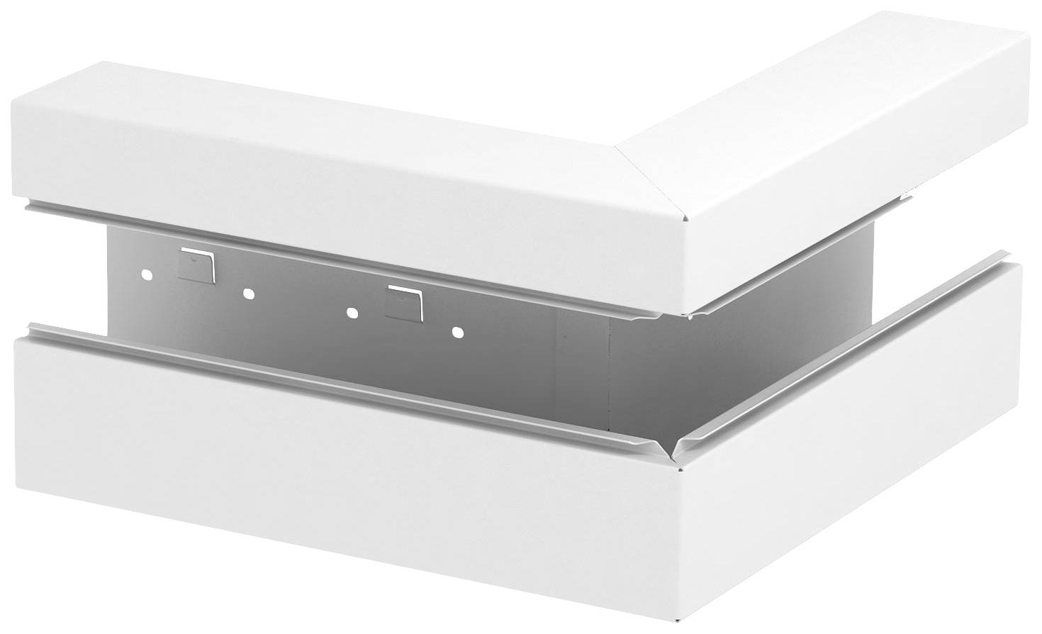 Connecteur d'angle blanc et rectangulaire pour goulotte de câbles, destiné à dissimuler et guider les câbles aux angles des murs.