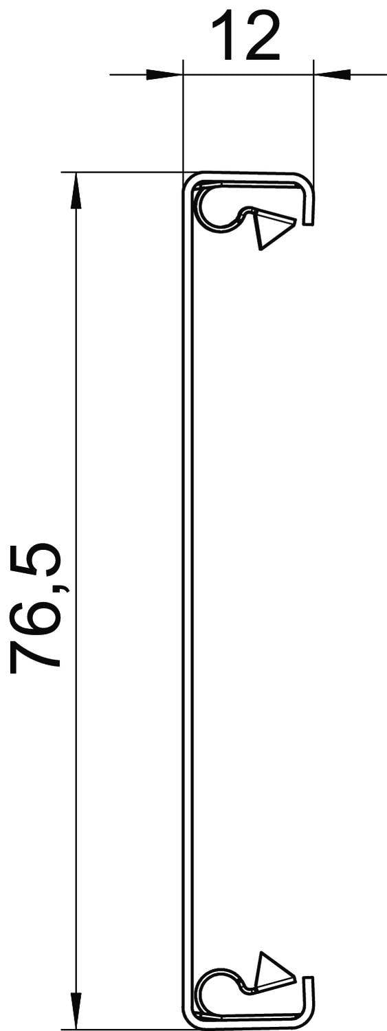 Élément de section transversale en U, hauteur 76,5 mm, largeur 12 mm, avec ouvertures aux deux extrémités.