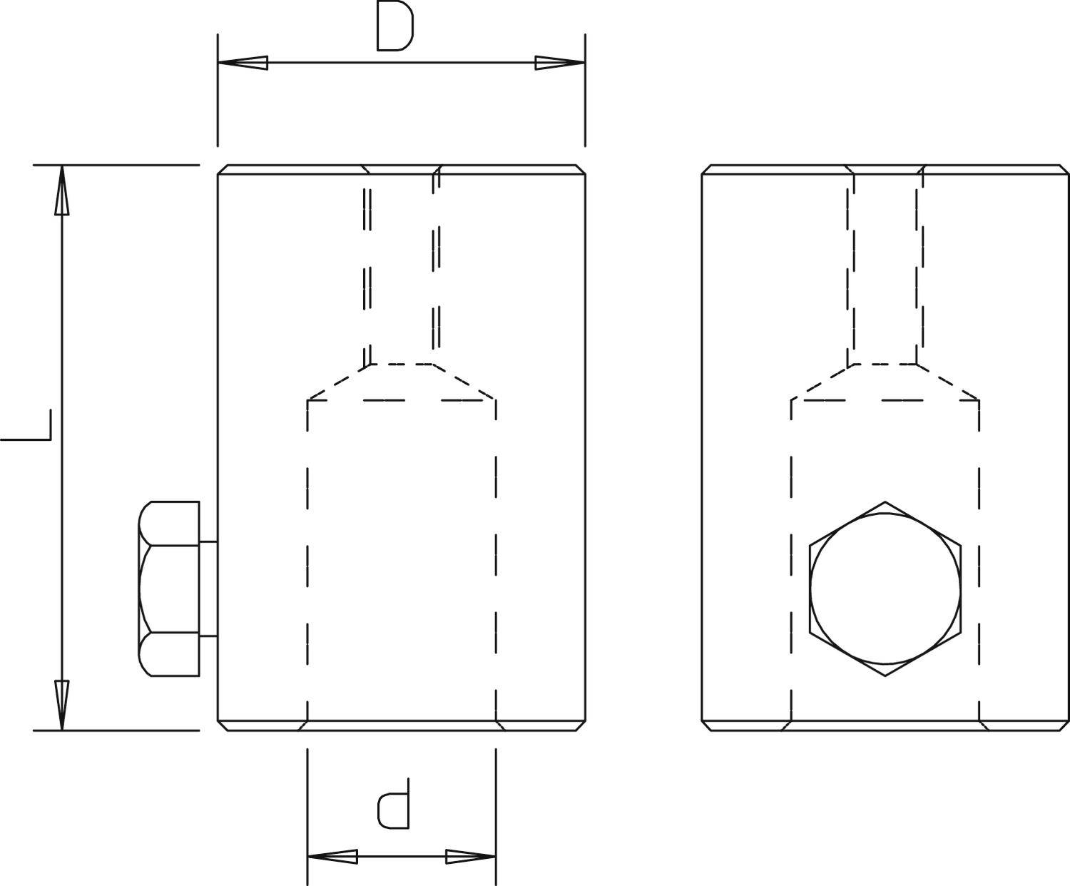 Dessin technique d'un composant rectangulaire à angle droit avec les dimensions D et d. Vue de face et vue latérale. Comprend des détails de connexion et de perçage.