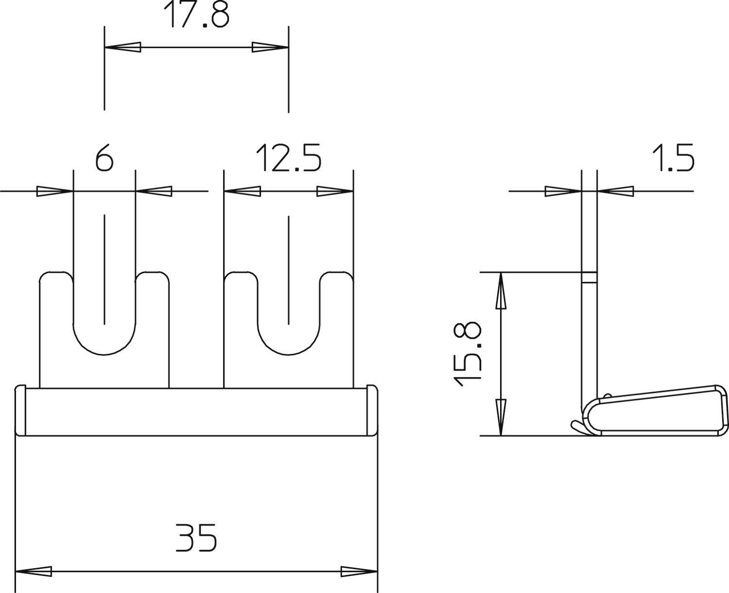 Dessin technique d'un support en métal avec dimensions : largeur 35 mm, hauteur 15,8 mm. Détails des découpes intérieures et des espacements indiqués.