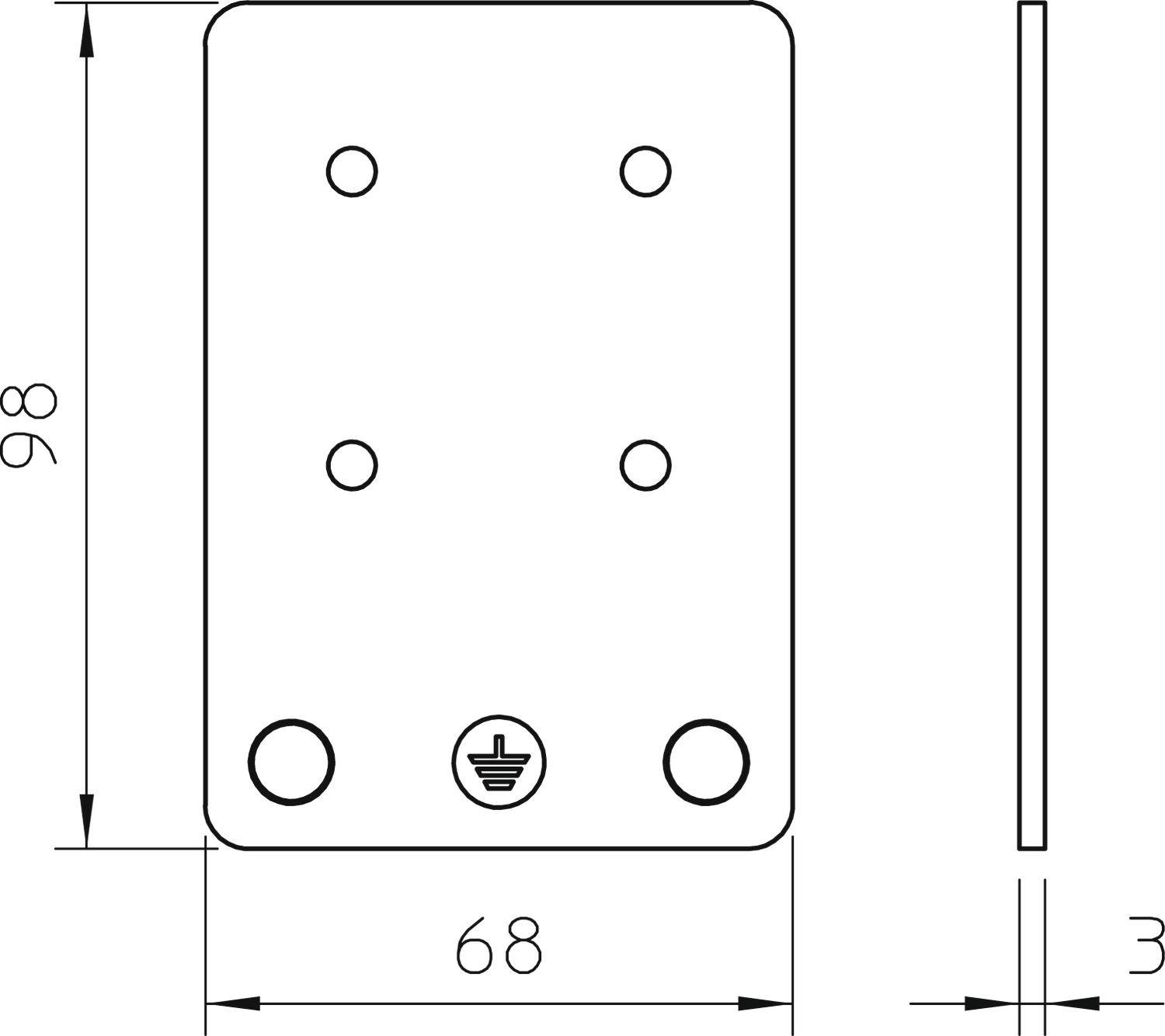 Dessin d'une plaque rectangulaire avec les dimensions : hauteur 98 mm, largeur 68 mm et épaisseur 3 mm. Symbole de mise à la terre en bas.