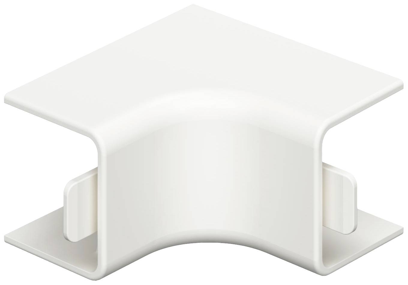 Un raccord en plastique blanc en forme de L, utilisé pour relier deux sections à angle droit dans un goulotte de câblage.