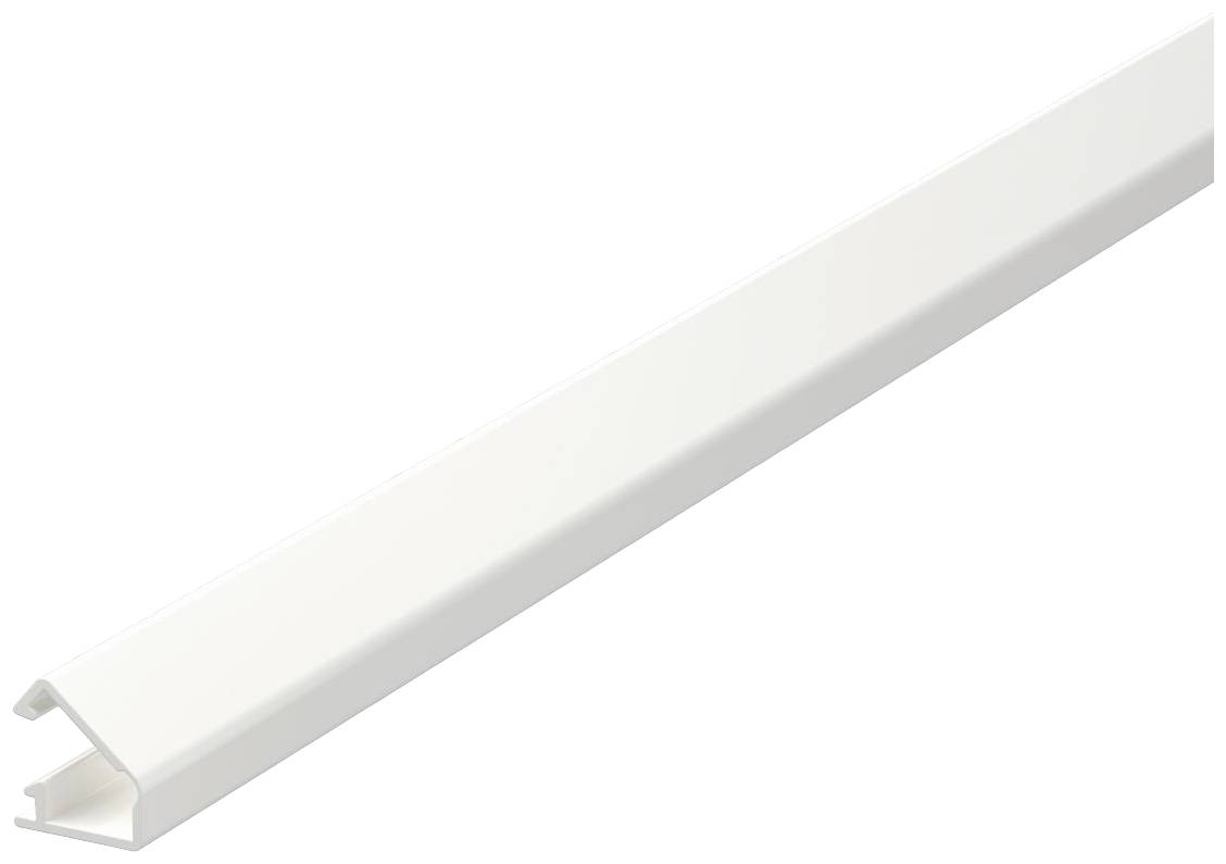 Un goulotte de câbles blanche, rectangulaire et allongée, est présentée sous un angle léger.