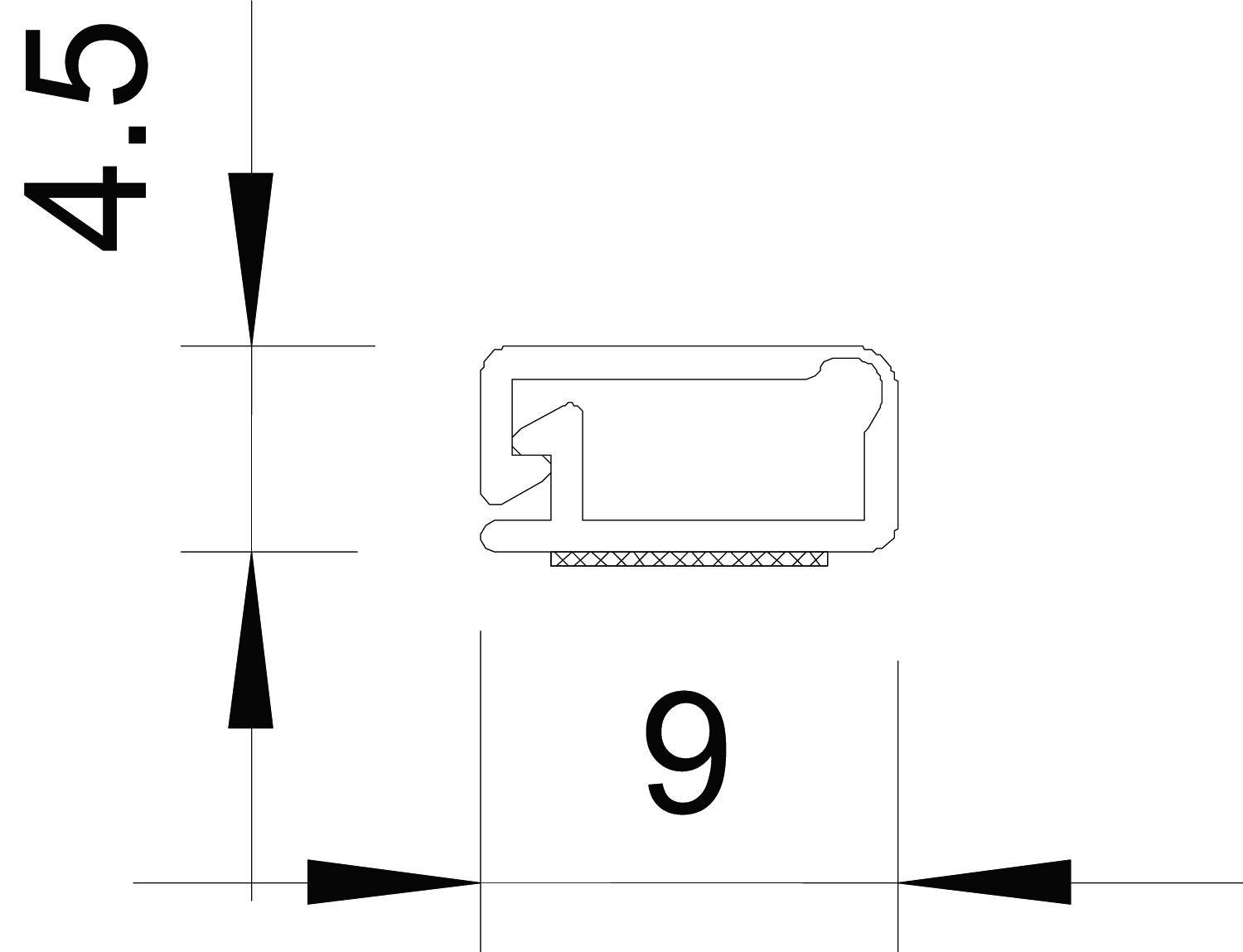 Dessin technique montrant une coupe transversale d'un profil avec ses dimensions ; hauteur 4,5 mm, largeur 9 mm. Le profil présente une forme extérieure rectangulaire.