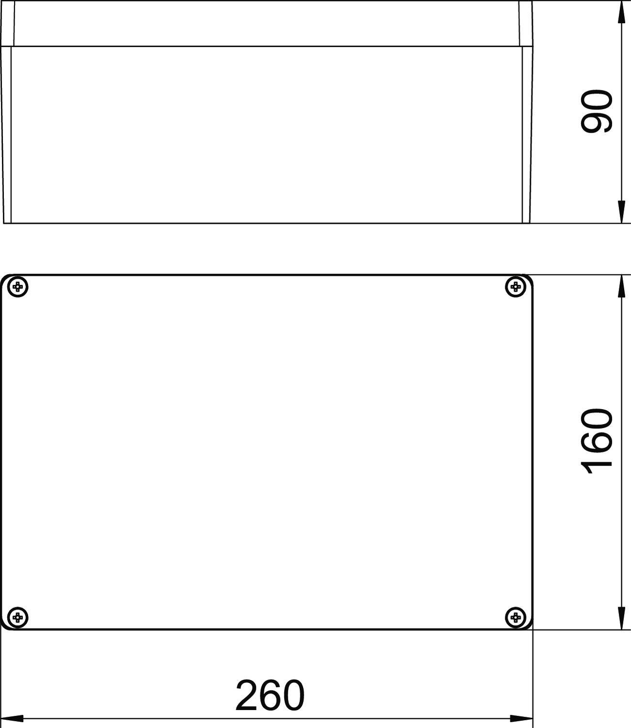 Dessin technique coté d'un boîtier rectangulaire avec les dimensions 260x160x90 mm
