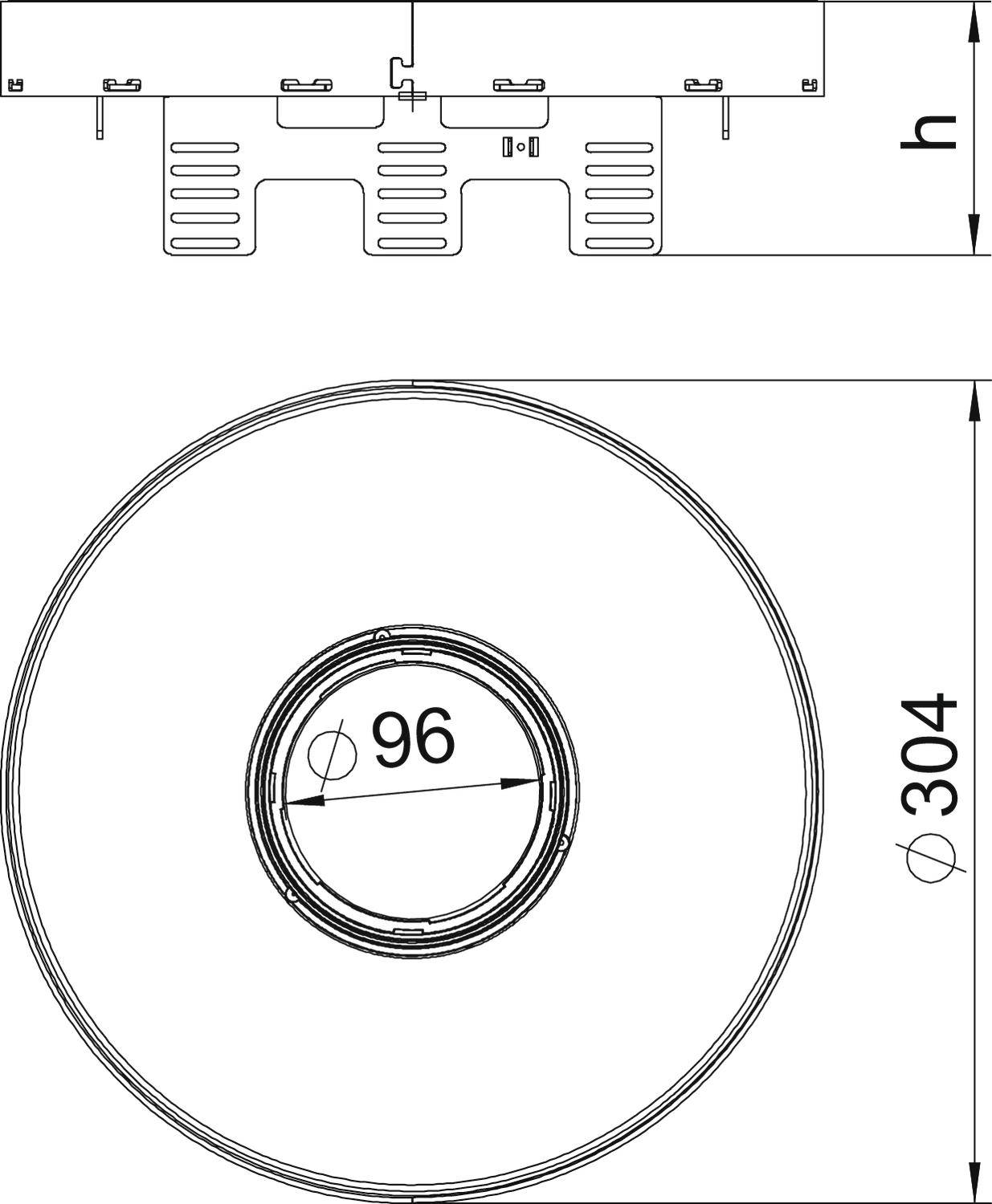 Dessin technique d'un composant circulaire d'un diamètre de 304 mm et avec une ouverture de 96 mm. Vue latérale montrant la hauteur 'h'.