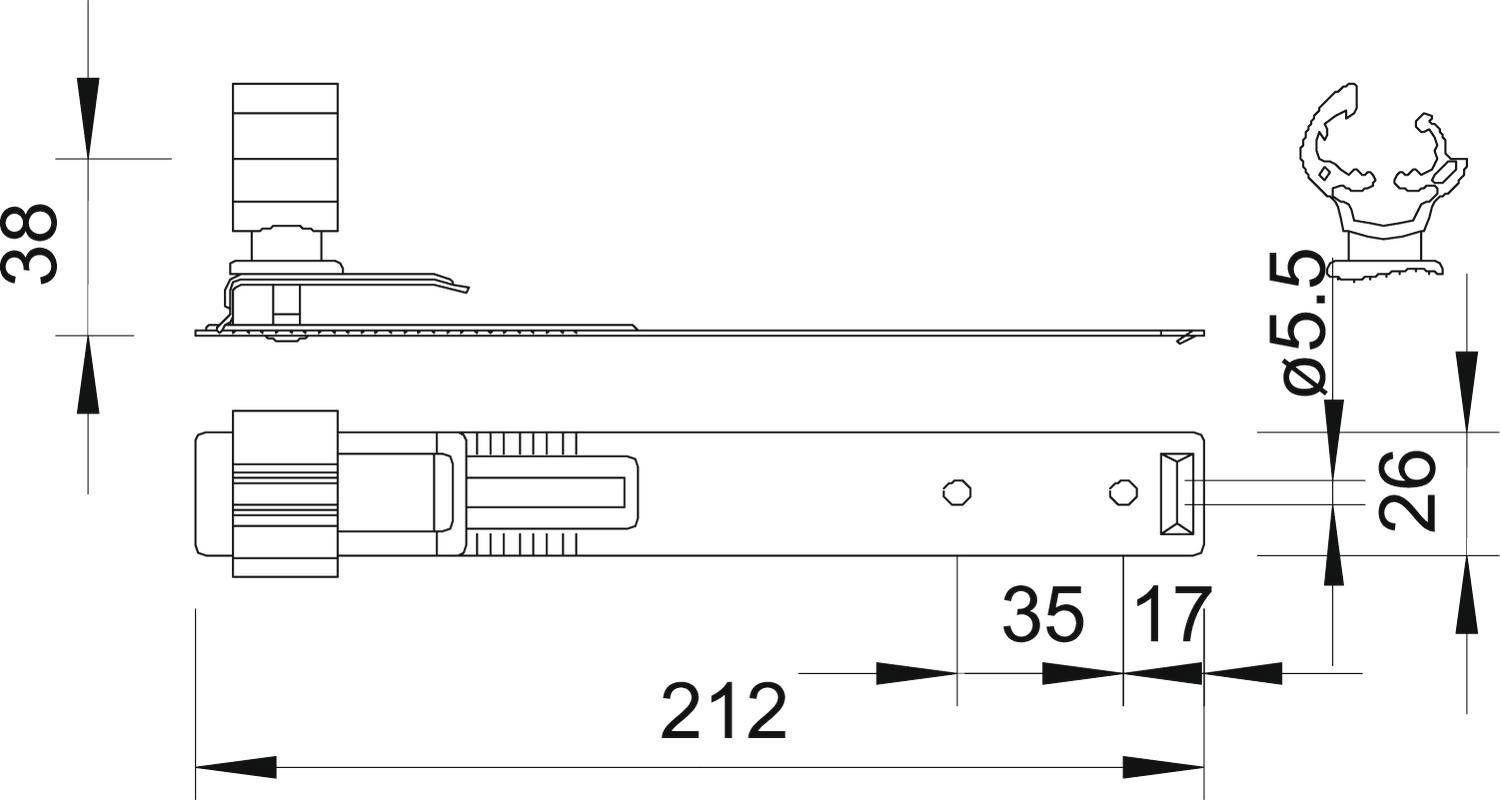Dessin technique d'un composant avec dimensions. La vue de côté et la vue de dessus présentent les indications de longueur et de hauteur.