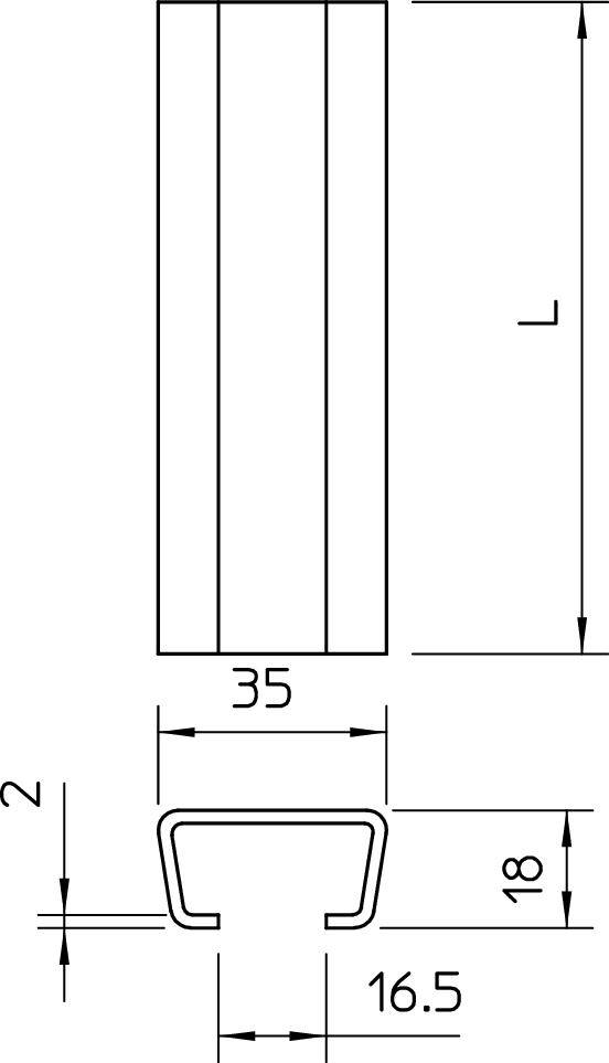 Dessin technique d'un profilé en U : Largeur 35 mm, Hauteur 18 mm, Profondeur 16,5 mm, Épaisseur de matériau 2 mm. Longueur marquée avec 'L'.