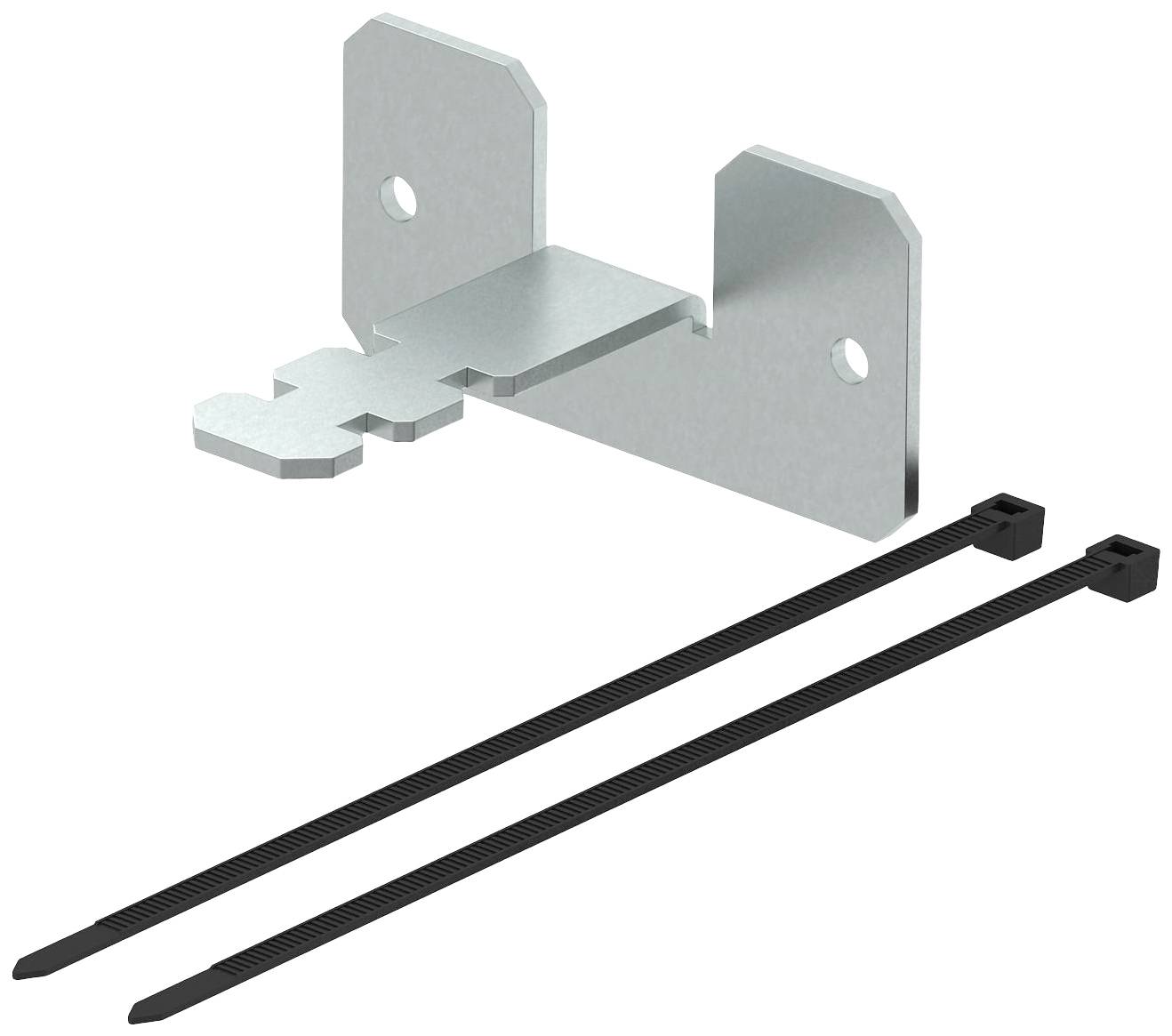 Support métallique avec une découpe rectangulaire au centre, deux trous de vis et deux attaches de câble noires pour la fixation.