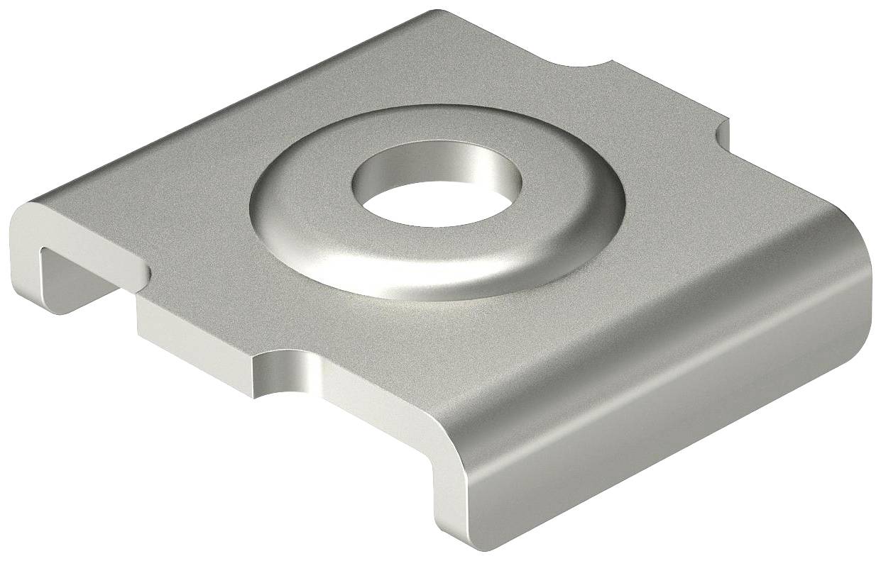 Une pièce métallique argentée carrée avec un trou rond central, probablement une rondelle ou un élément de fixation.