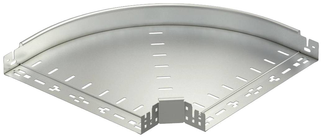 Un morceau de goulotte de câbles en argent avec un coude à 90 degrés, spécialement conçu avec des découpes et des supports, destiné à guider et à organiser les câbles.