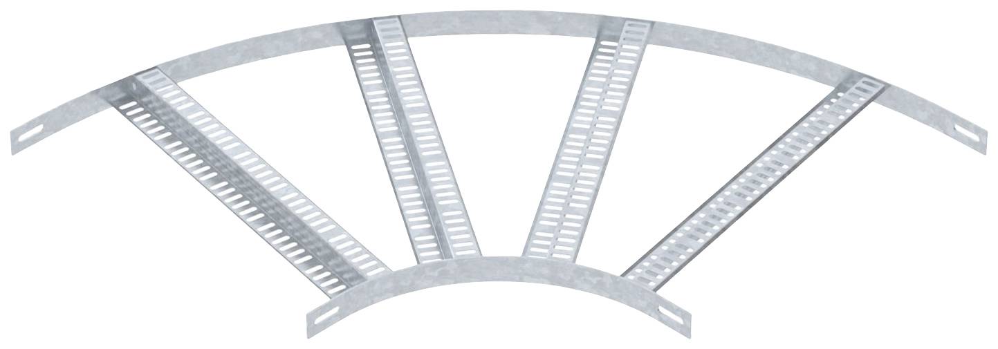 Un coude de chemin de câbles métallique cintré est présenté, doté de quatre grilles intégrées permettant de guider et de diriger les câbles à l'intérieur des bâtiments.