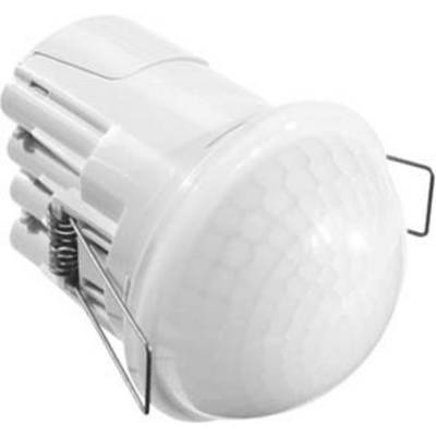 Détecteur de mouvement blanc, de forme cylindrique avec des supports métalliques latéraux. Principalement utilisé pour les systèmes de sécurité et d'éclairage.