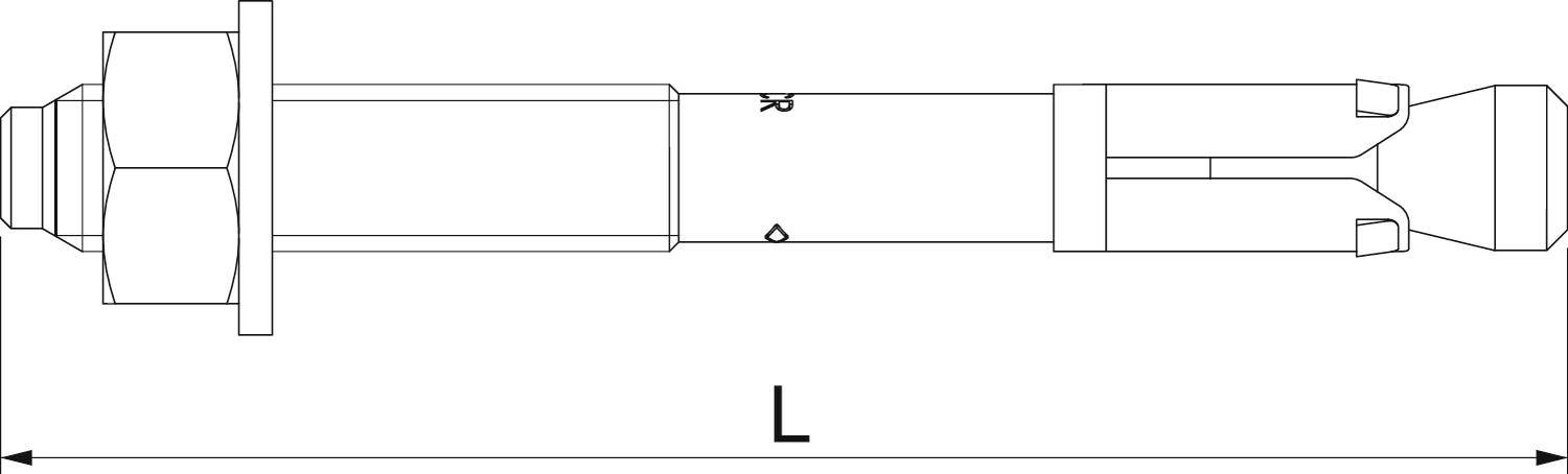 Dessin d'un cheviller à expansion avec des indications. À gauche l'écrou, à droite la partie expansive. Longueur 'L' représentée.