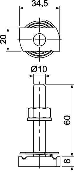Dessin technique d'un complexe de vis avec dimensions : largeur de 34,5 mm, hauteur de 20 mm pour la partie supérieure, longueur totale de 60 mm.