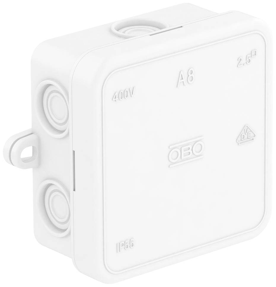 Un boîtier de distribution blanc rectangulaire portant l'inscription 'OBO A8 400V IP55' avec plusieurs passages de câbles circulaires sur les côtés.