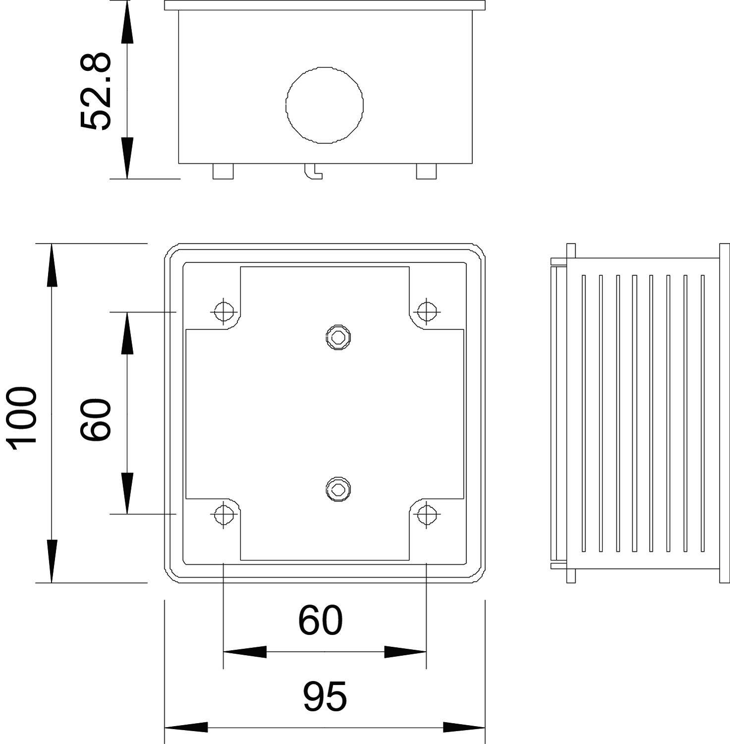 Dessin technique d'un boîtier métallique. Dimensions : hauteur 100 mm, largeur 95 mm, profondeur 60 mm. Vue latérale montrant des fentes de ventilation.