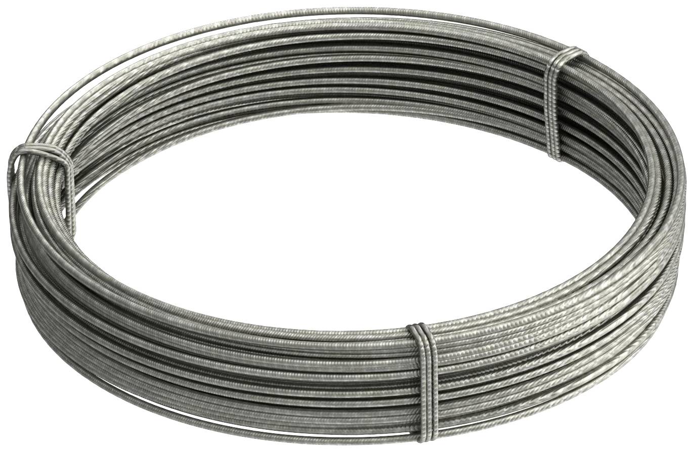 Un grand rouleau de fil d'argent, enroulé serré. Il est posé à plat et sécurisé à trois endroits par une bande.