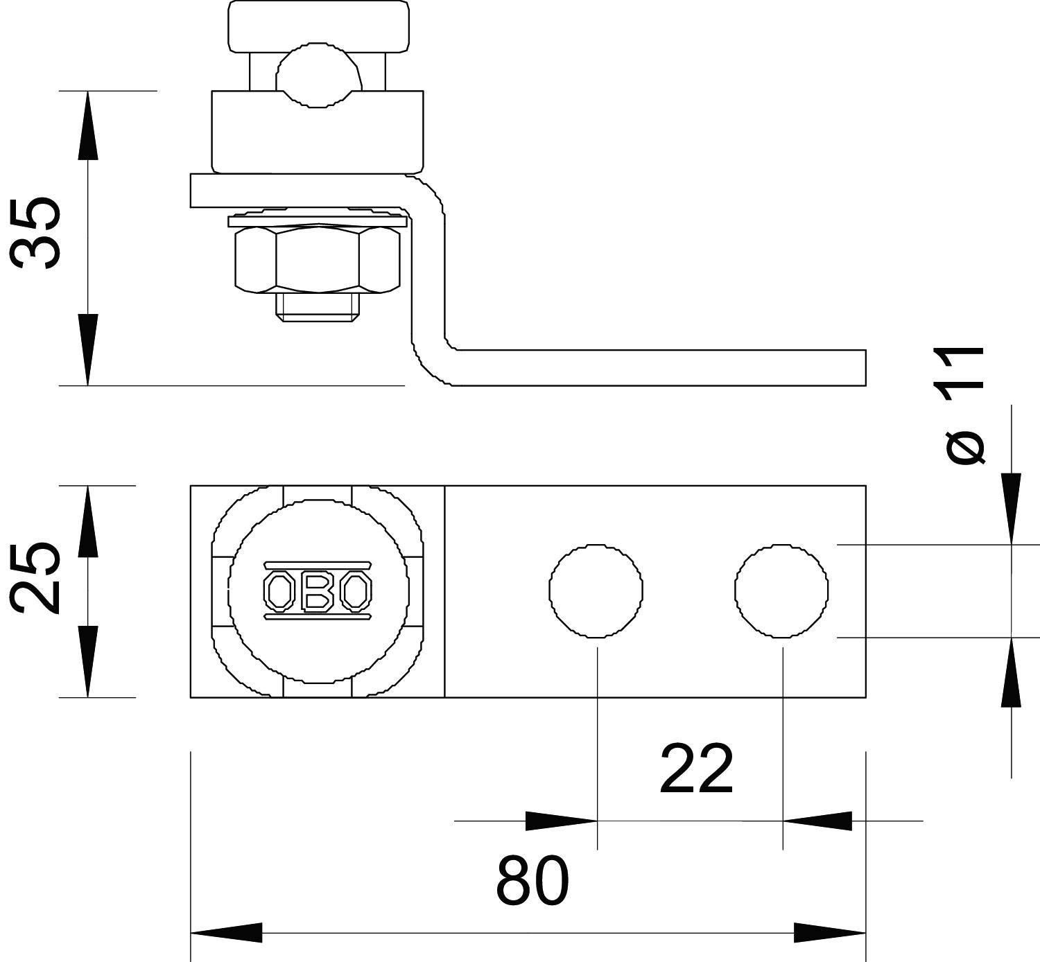 Dessin technique d'un clip métallique avec vis et dimensions : 35 mm de hauteur, 25 mm de largeur, 80 mm de longueur. Diamètre du trou de vis 11 mm.