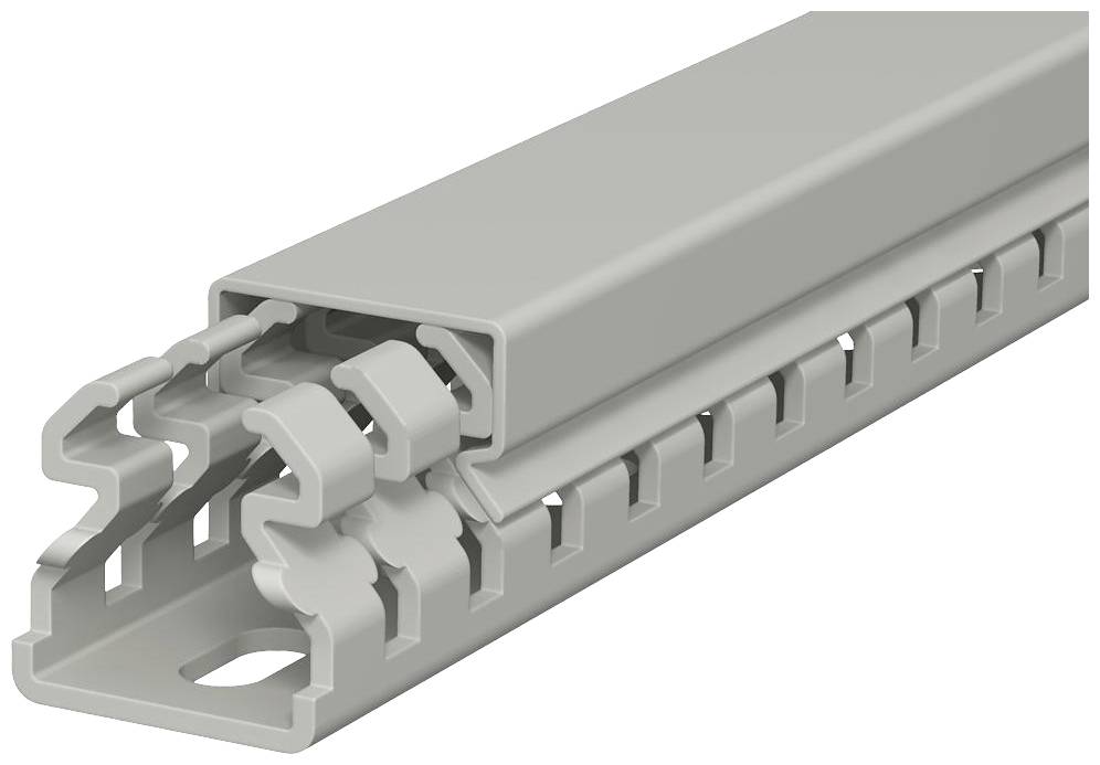 Système de goulotte de câblage grise avec plusieurs câbles organisés le long d'un rail, adapté pour le guidage structuré des câbles dans les applications de construction.