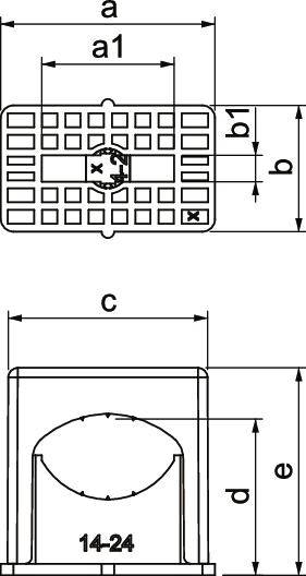 Dessin technique d'un composant avec cotes : a, a1, b, b1, c, d, e. Vue de dessus montrant une structure quadrillée, vue latérale présentant un boîtier rectangulaire.