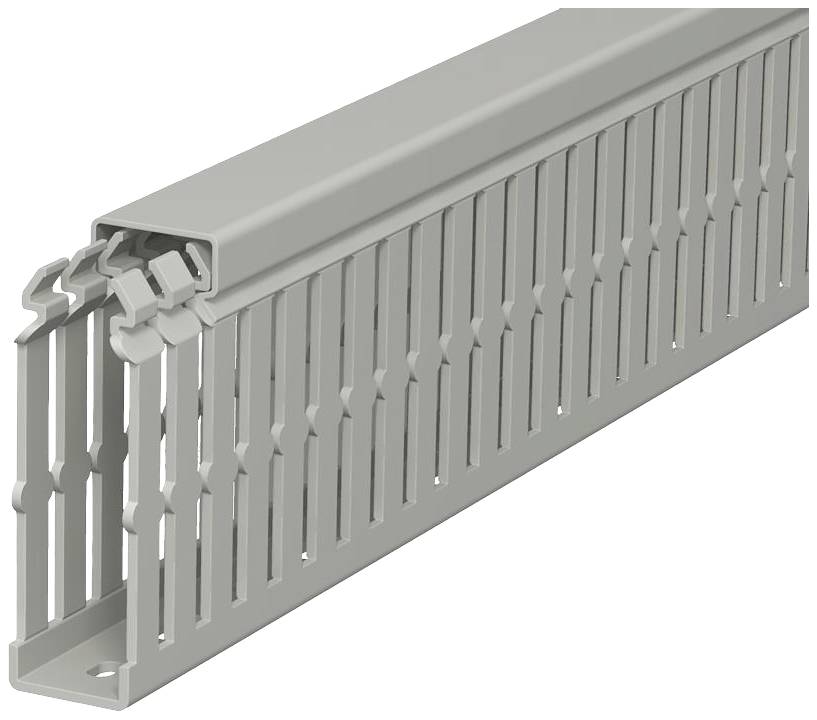 Goulotte de câbles en plastique grise avec des fentes latérales pour le guidage et l'organisation des câbles dans les installations électriques.