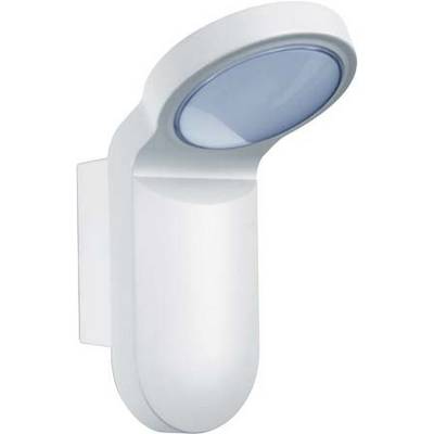 Lampe extérieure blanche et moderne, montée sur le mur, avec une tête lumineuse ronde légèrement inclinée.