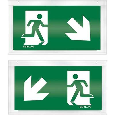Deux panneaux de sortie de secours verts avec des pictogrammes blancs : En haut, une personne court vers la droite, en bas, une personne court vers le bas à gauche.