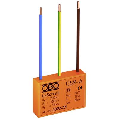 Trois fils de couleur (bleu, jaune-vert, marron) sont connectés à un dispositif de protection contre les surtensions de marque OBO de couleur orange.