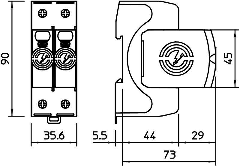Dessin technique d'un composant avec dimensions : 90 x 35,6 mm vue de droite, 73 x 45 mm vue de dessus. Contient un symbole de cercle et des trous de vis.