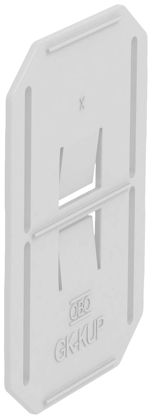 Plaque rectangulaire blanche en plastique avec une fente centrale. Un "X" est situé en haut, en dessous se trouve le logo 'OBO' et la désignation 'GK-KUP'.