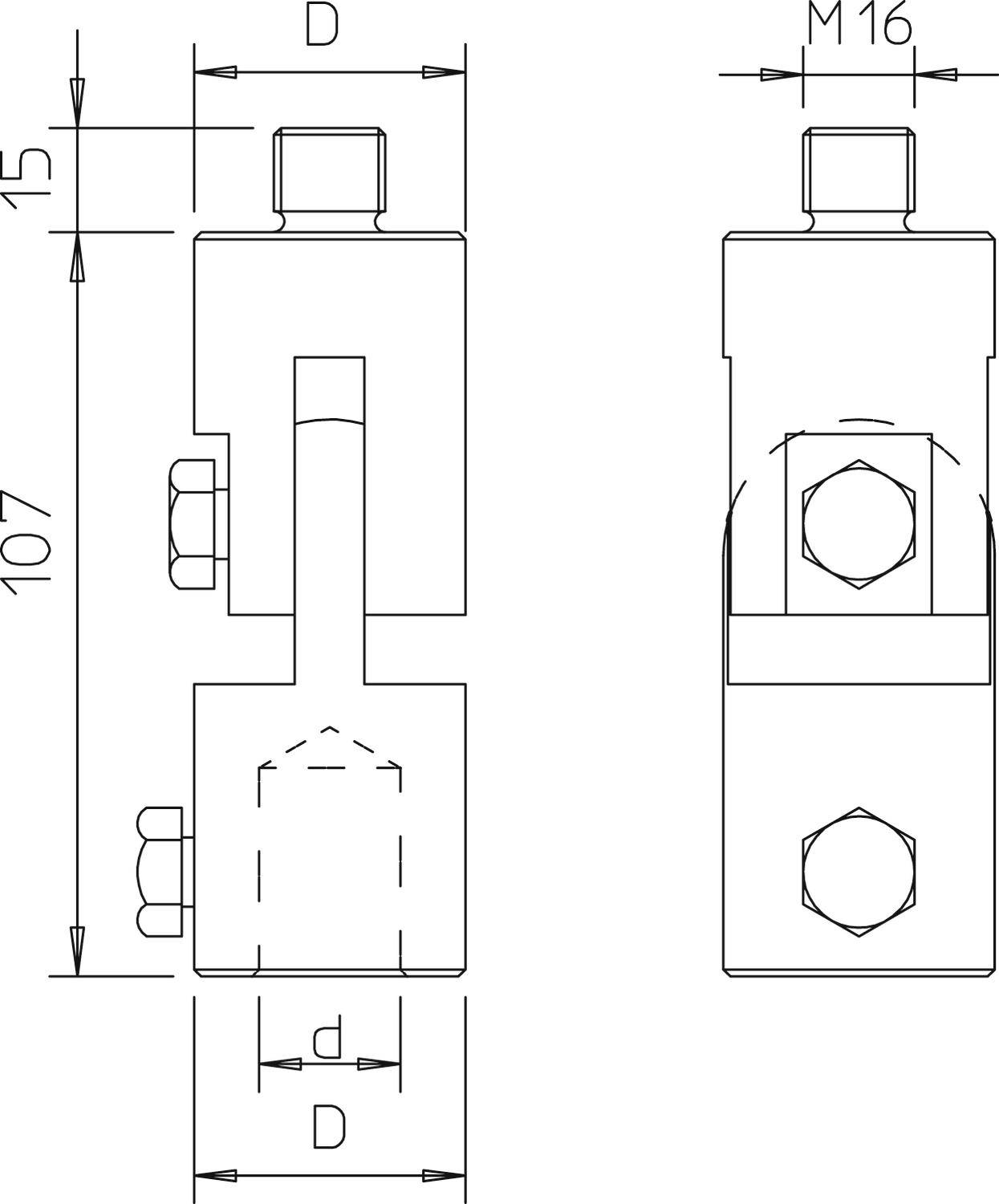 Dessin technique d'un support avec dimensions : Hauteur 107 mm, Largeur 15 mm. Diamètres de vis D et d. Vis supérieure M16.