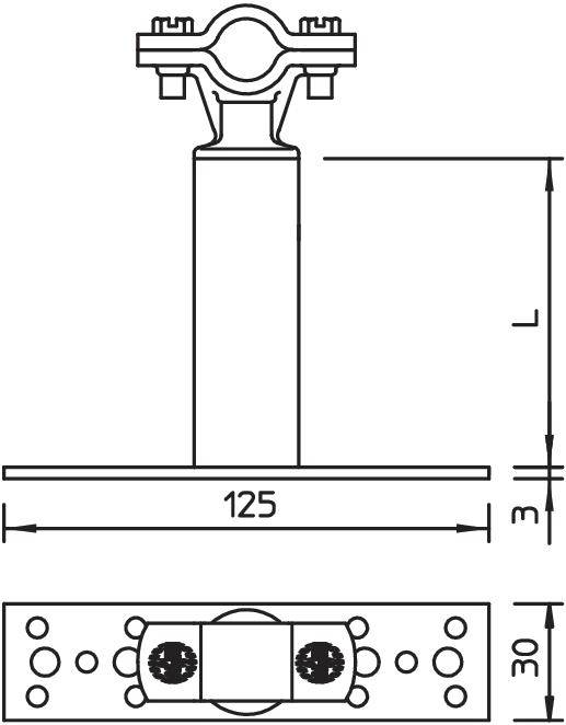 Dessin technique d'un support de tuyau. En haut, le tuyau est fixé sur un support vertical. Dimensions : largeur 125, hauteur L.